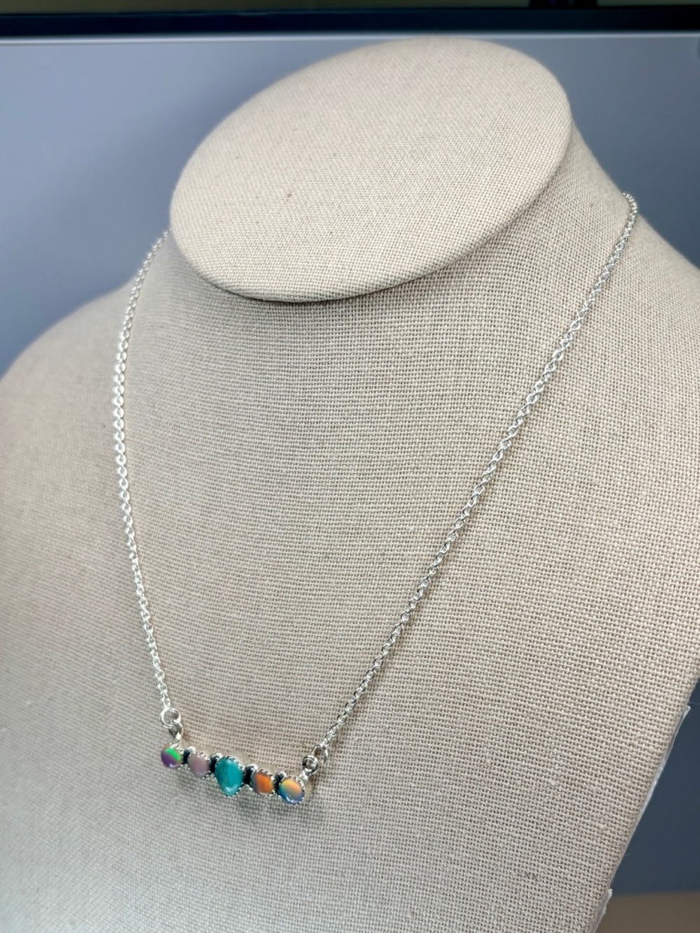 Southwestern Sterling Silver Balloon Opal Bar Pendant Necklace - Picture 2 of 9